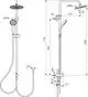 Duschsystem von Ideal Standard mit overhead Duschkopf und Handbrause, dargestellt in technischer Zeichnung mit verschiedenen Maßen und Anschlüssen.